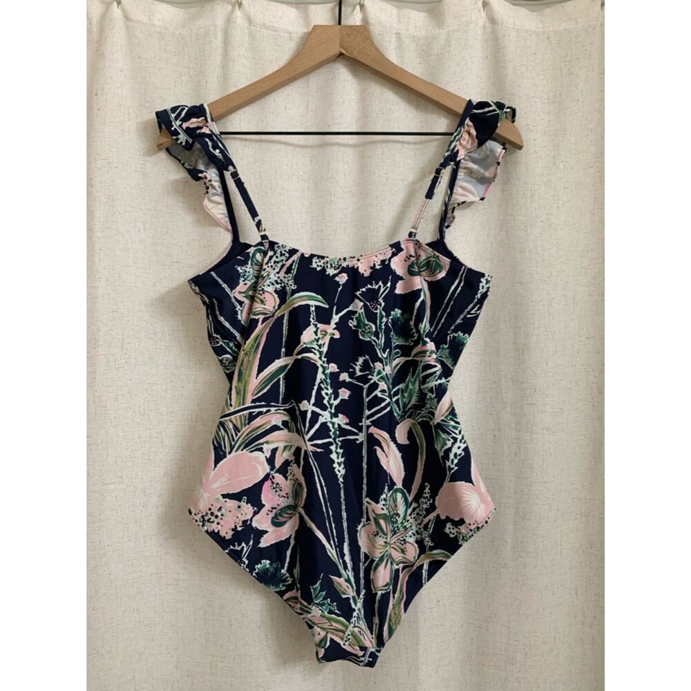 Vineyard Vines Navy Wild Floral Ruffled Strap OnePiece Swimsuit UPF 50+ Large - Picture 3 of 11